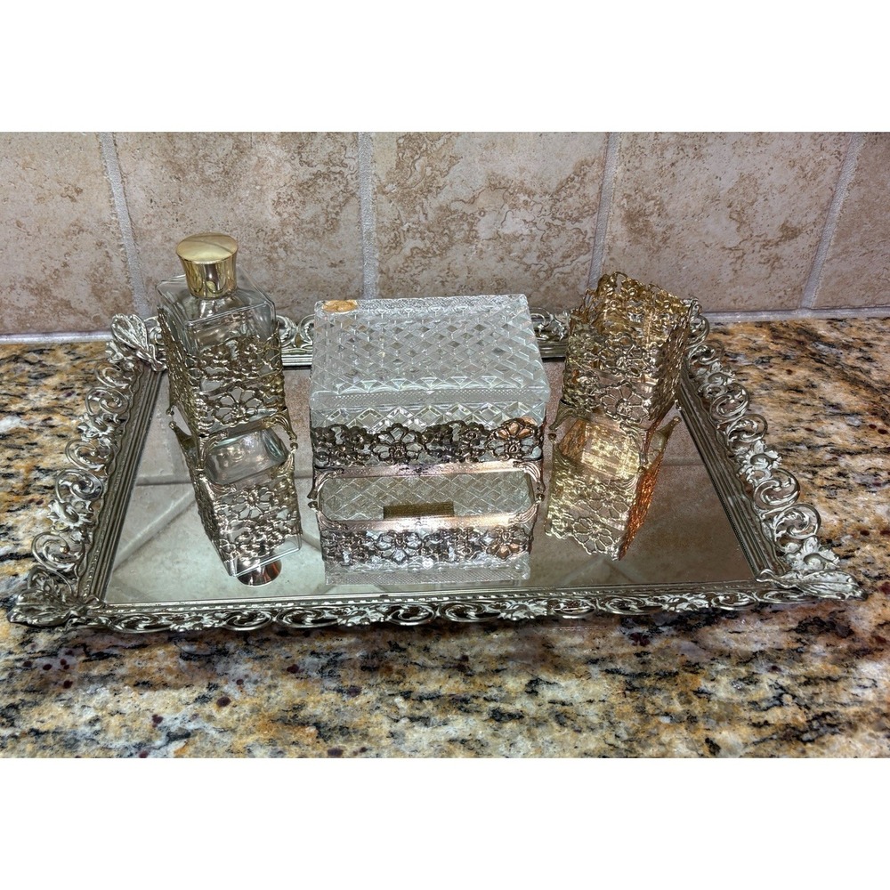 Vintage Gold Filigree Hollywood Regency vanity set 4 Pieces & Bohemia Glass Read